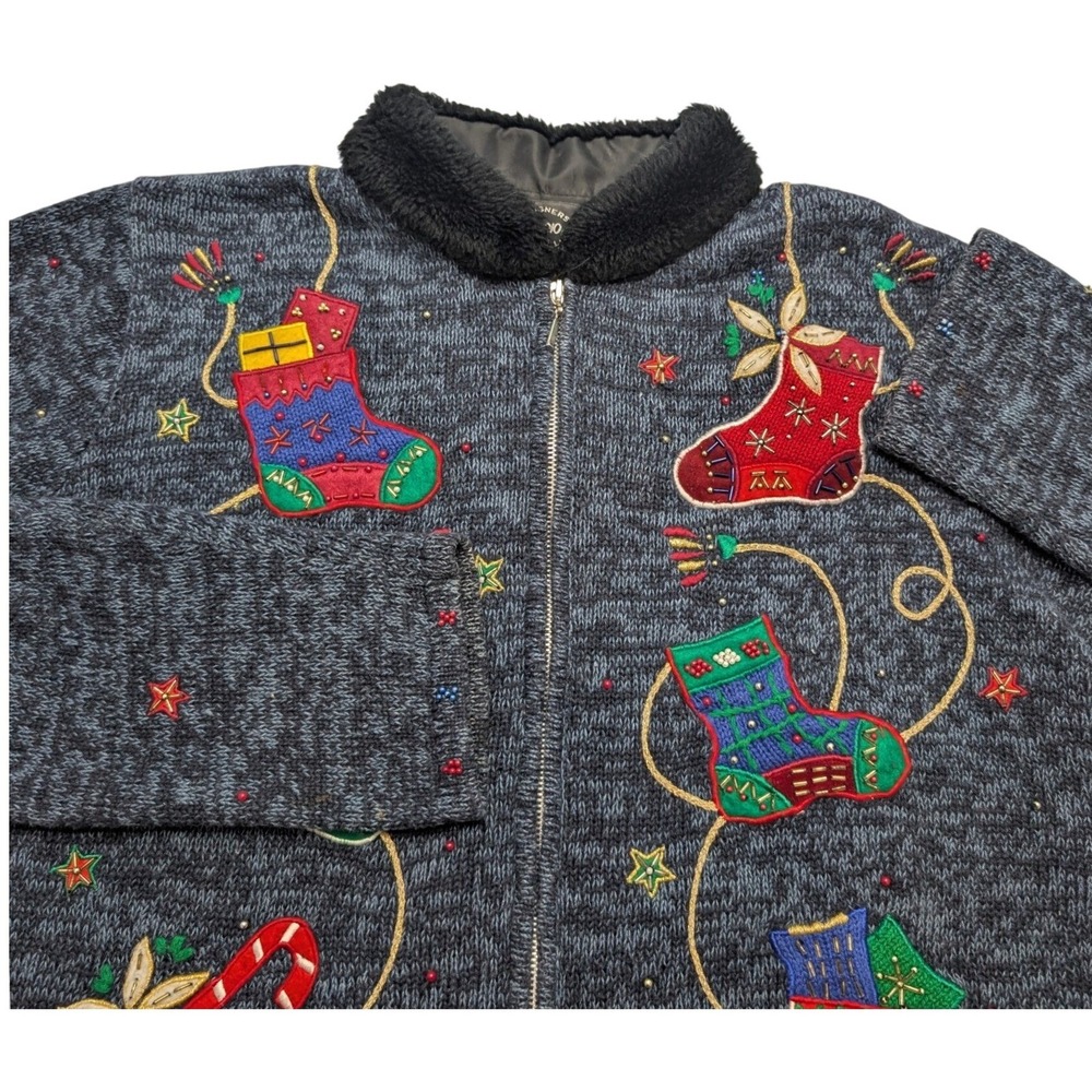 Vintage Designers Studio Originals Christmas Sweater Women Large Blue Zip Beaded